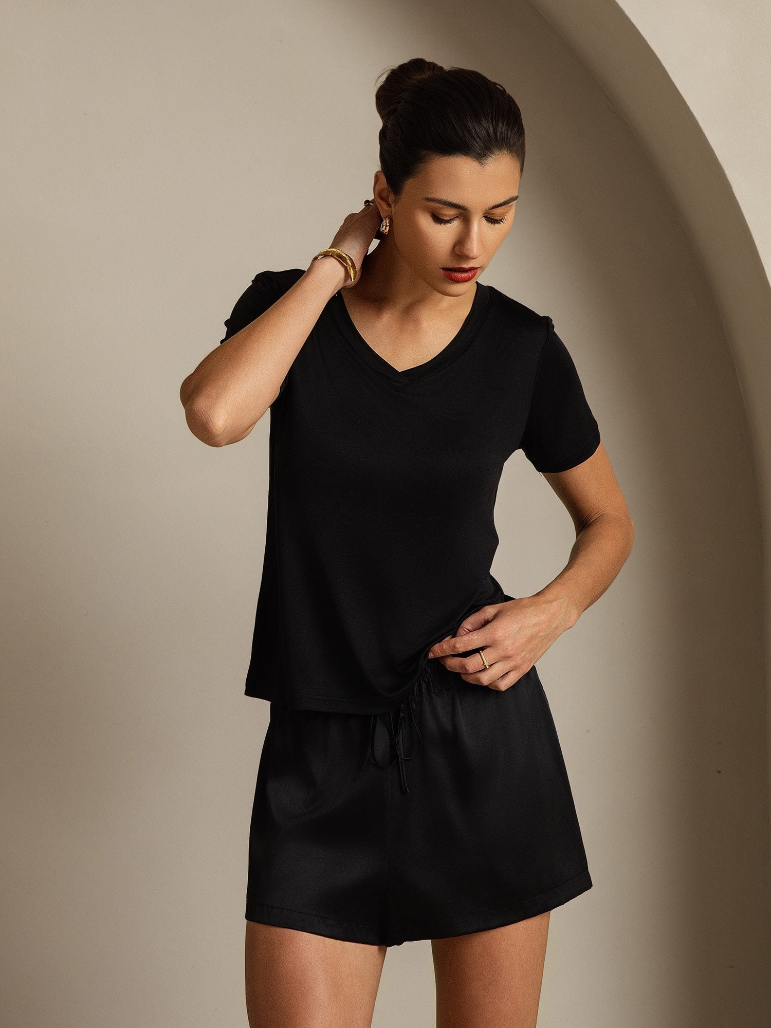[Negro] SilkSilky-ES Seda Pura Cuello en V Camisetas de Mujer 005