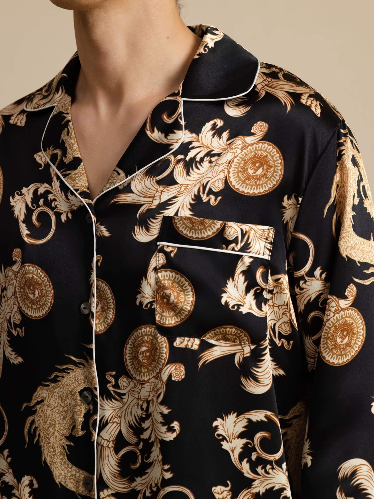 [Dragón Negro] SilkSilky-ES Manga larga Cuello de Muesca Pijamas de hombre 004