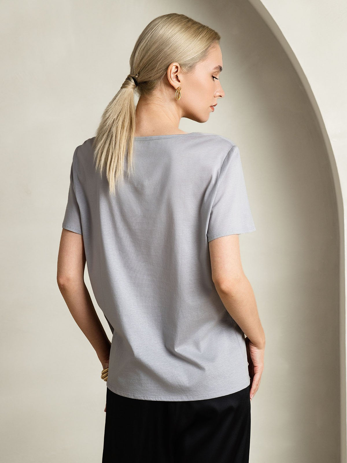 SilkSilky-ES Seda Manga corta Cuello en V Camisetas de Mujer Gris 002