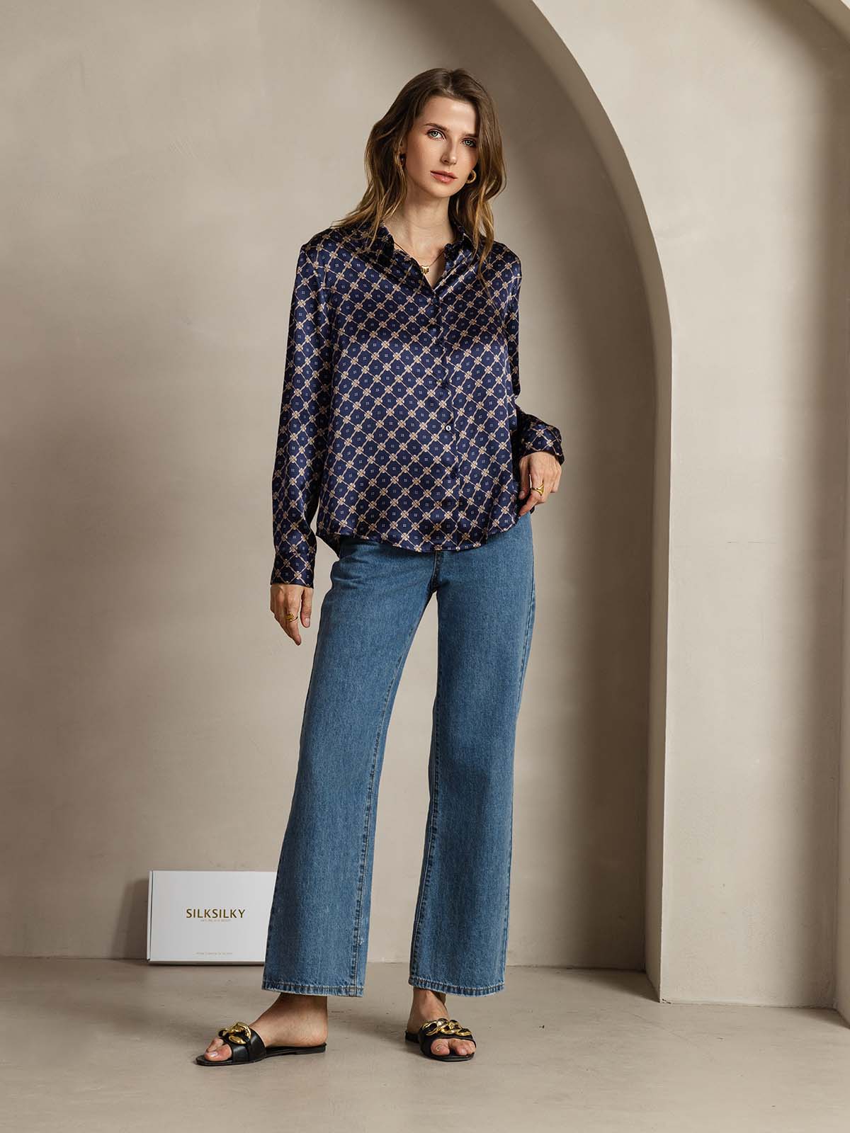 [Cadena Azul Marino] SilkSilky-ES Seda Lapel Collar Blusas de Mujer 003