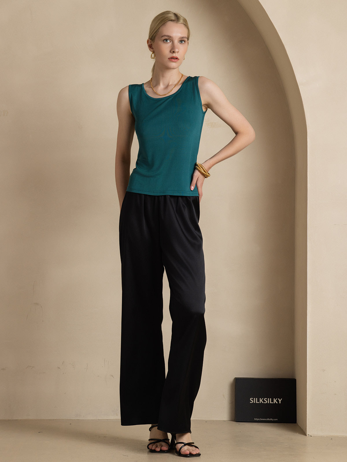 [Verde Oscuro] SilkSilky-ES Tejido de seda Womens T-Shirt 006