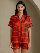 [Cuadros Rojos] SilkSilky-ES Short Sleeve Notch Collar Pijamas de mujer 001