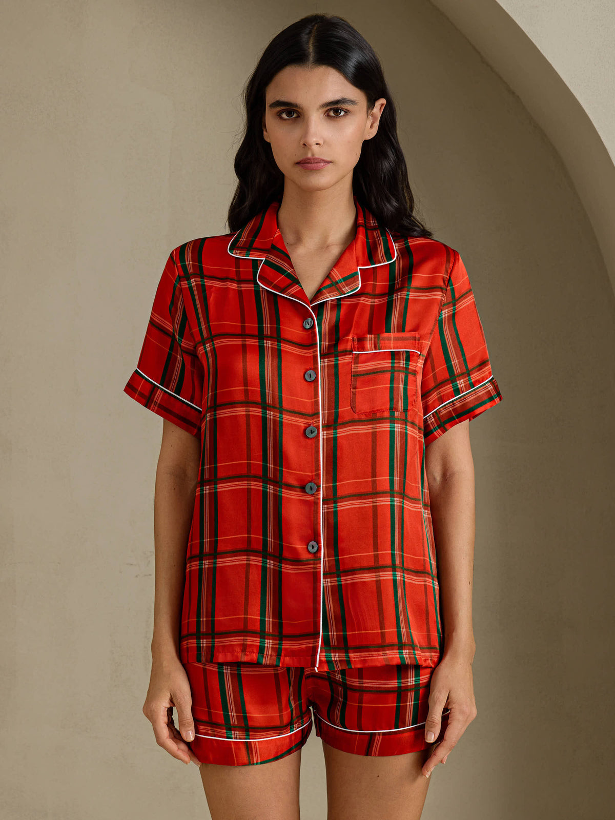 [Cuadros Rojos] SilkSilky-ES Short Sleeve Notch Collar Pijamas de mujer 001