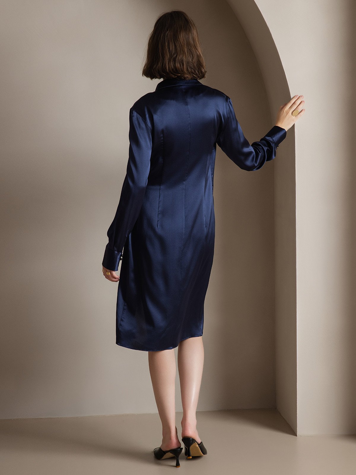 [Azul Oscuro] SilkSilky-ES 19Momme Seda Cuello en V Vestido 002