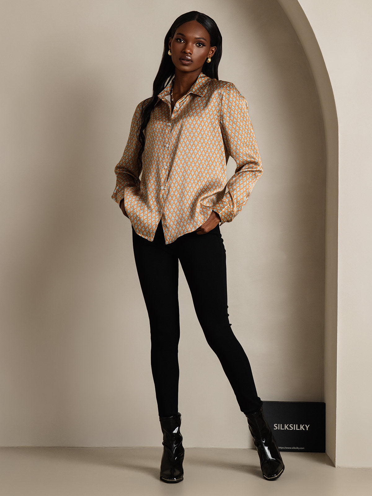 [Floral] SilkSilky-ES Seda Lapel Collar Blusas de Mujer 007