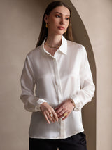 [Blanco] SilkSilky-ES 19Momme Manga larga Cuello con Solapa Blusas de Mujer 003