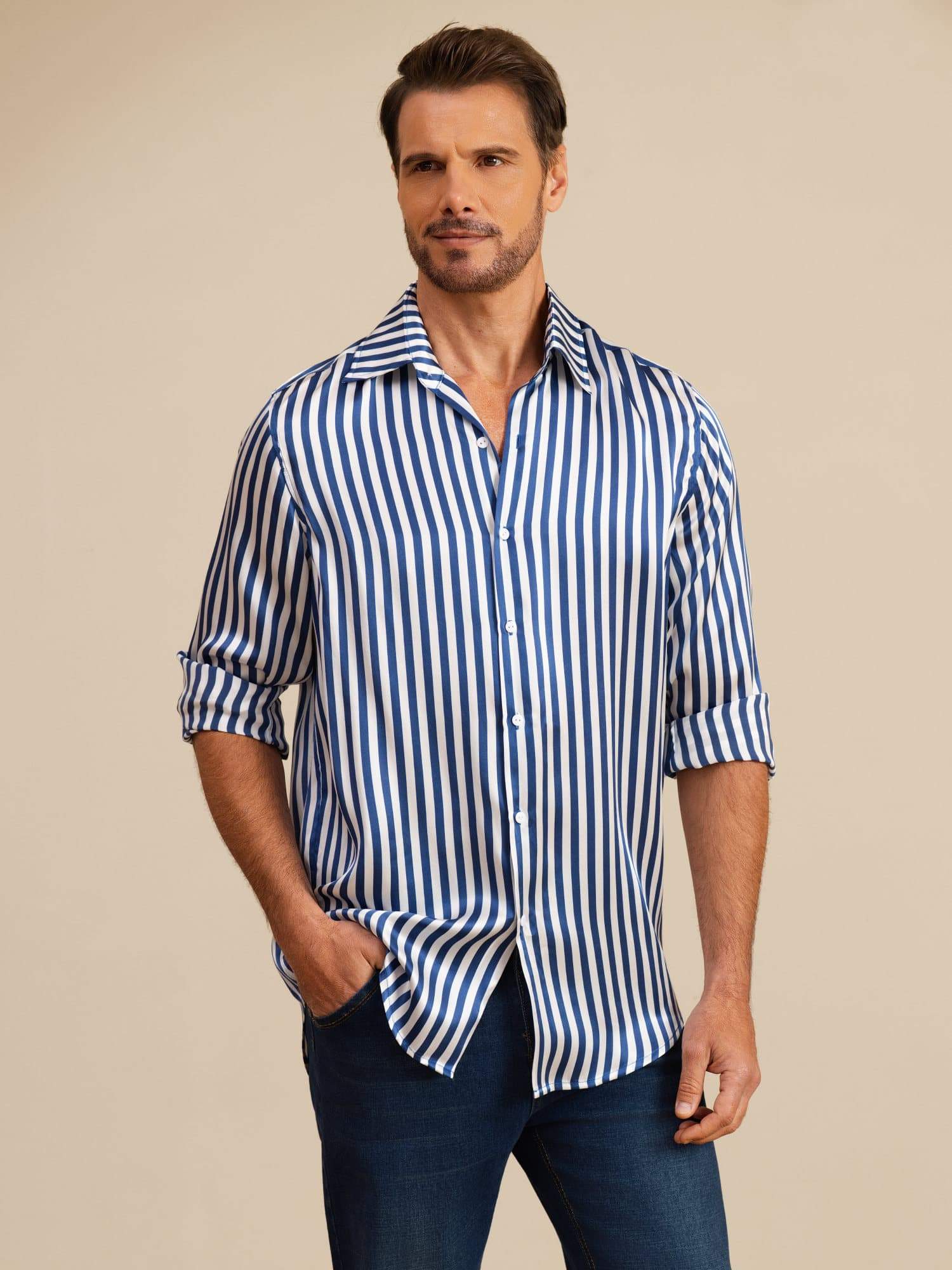 [Raya Marina] SilkSilky-ES 19Momme Manga larga Cuello con Solapa Camisa de hombre 005