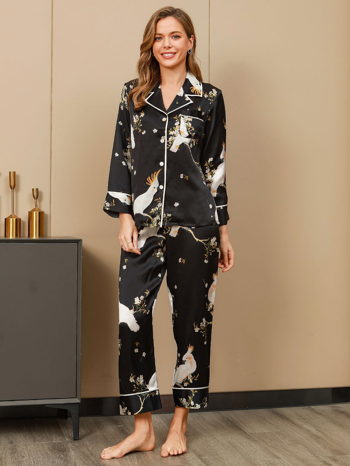 [Negro] SilkSilky-ES Seda Pura Womens Pajamas 004