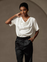 [Blanco] SilkSilky-ES Short Sleeve Cowl Neck Blusas 005