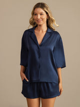 [Azul Oscuro] SilkSilky-ES 19Momme A metà Cuello de Muesca Pijamas de mujer 008