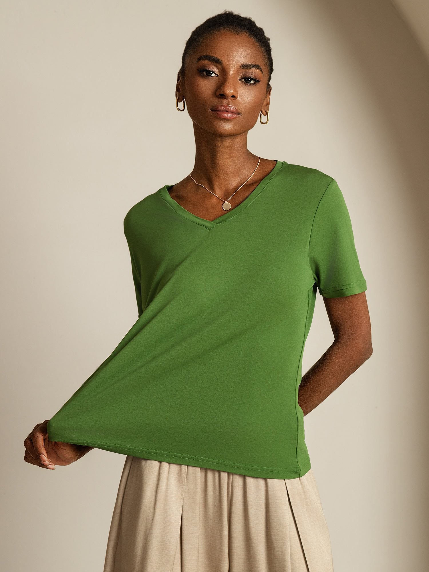 [Verde] SilkSilky-ES Seda Pura Cuello en V Camisetas de Mujer 006