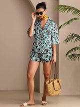 [Botánico Teal] SilkSilky-ES Short Sleeve Notch Collar Pijamas de mujer 006