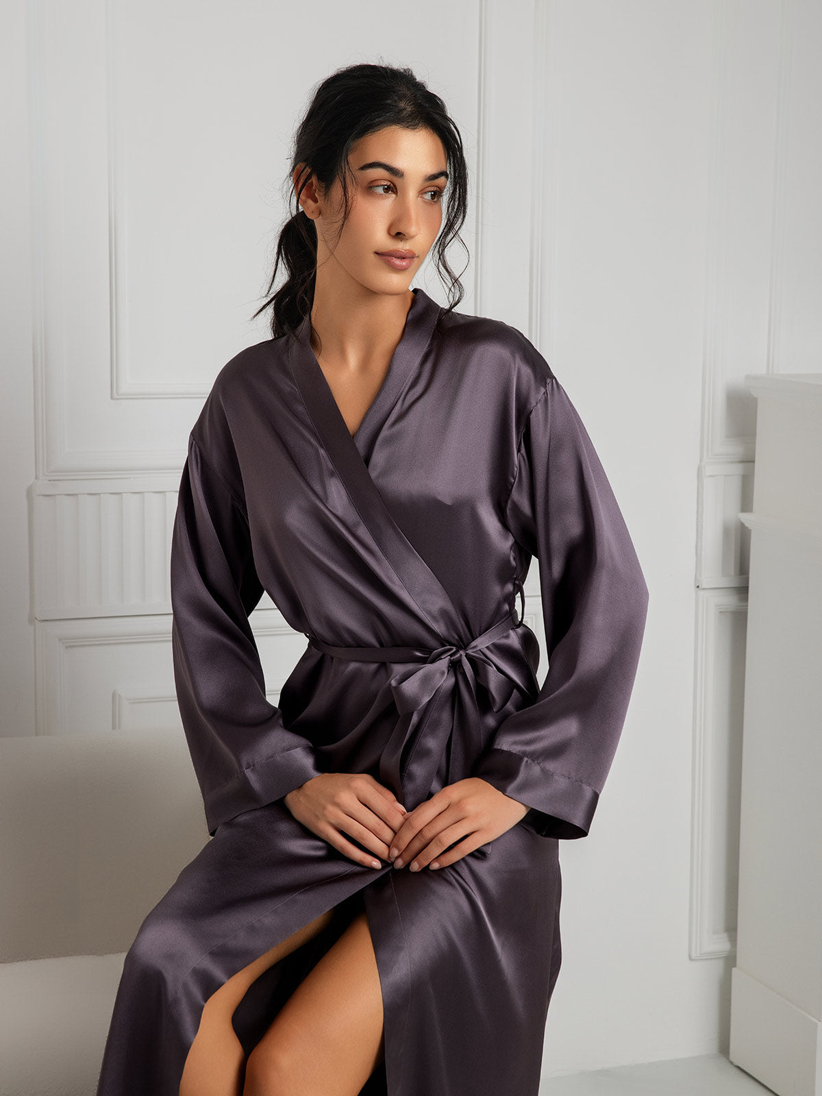[Gris Púrpura] SilkSilky-ES Seda Pura Wrap Bata de mujer 006