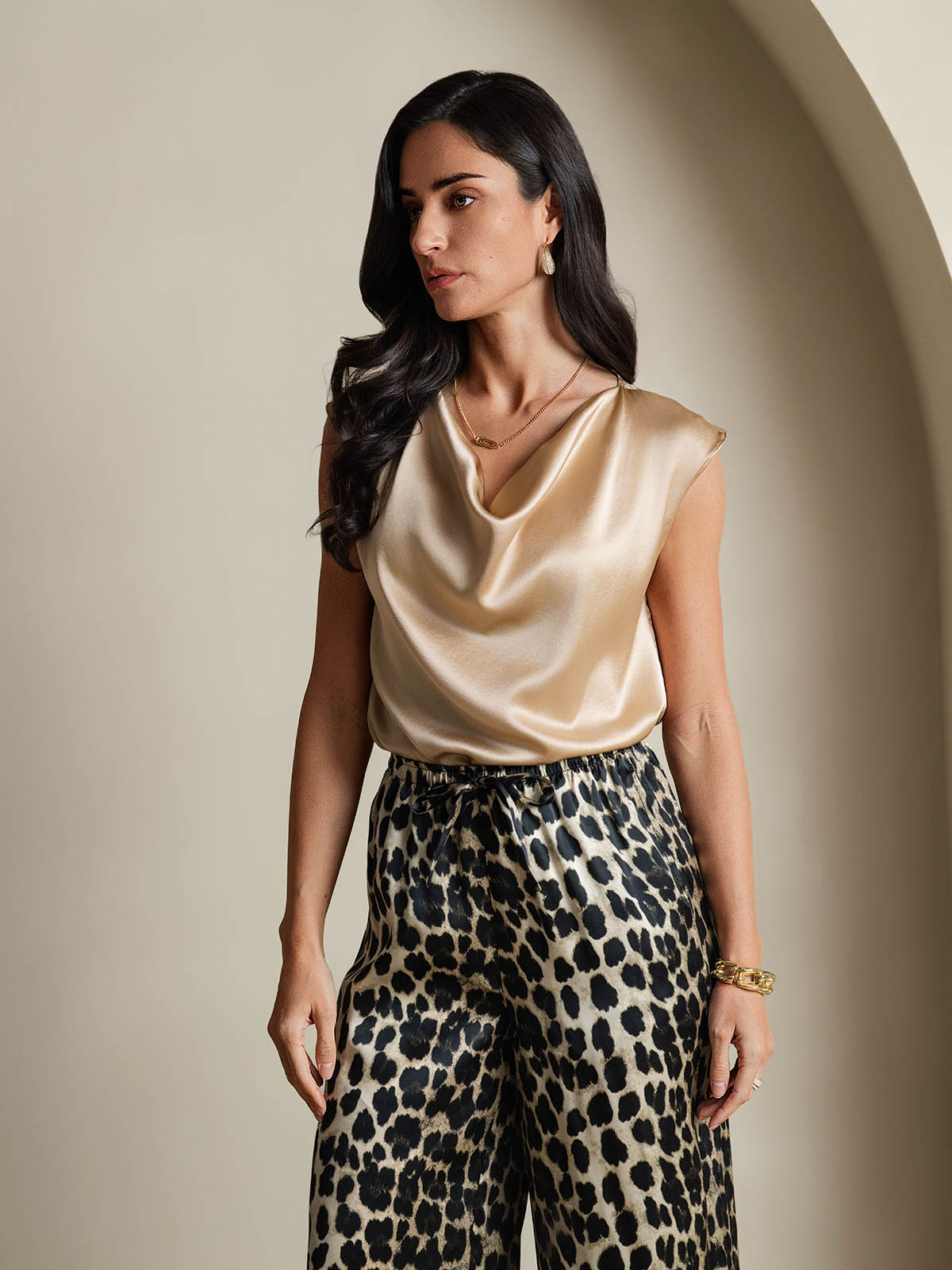 [Champán] SilkSilky-ES 19Momme Seda Sin mangas Womens T-Shirt 005