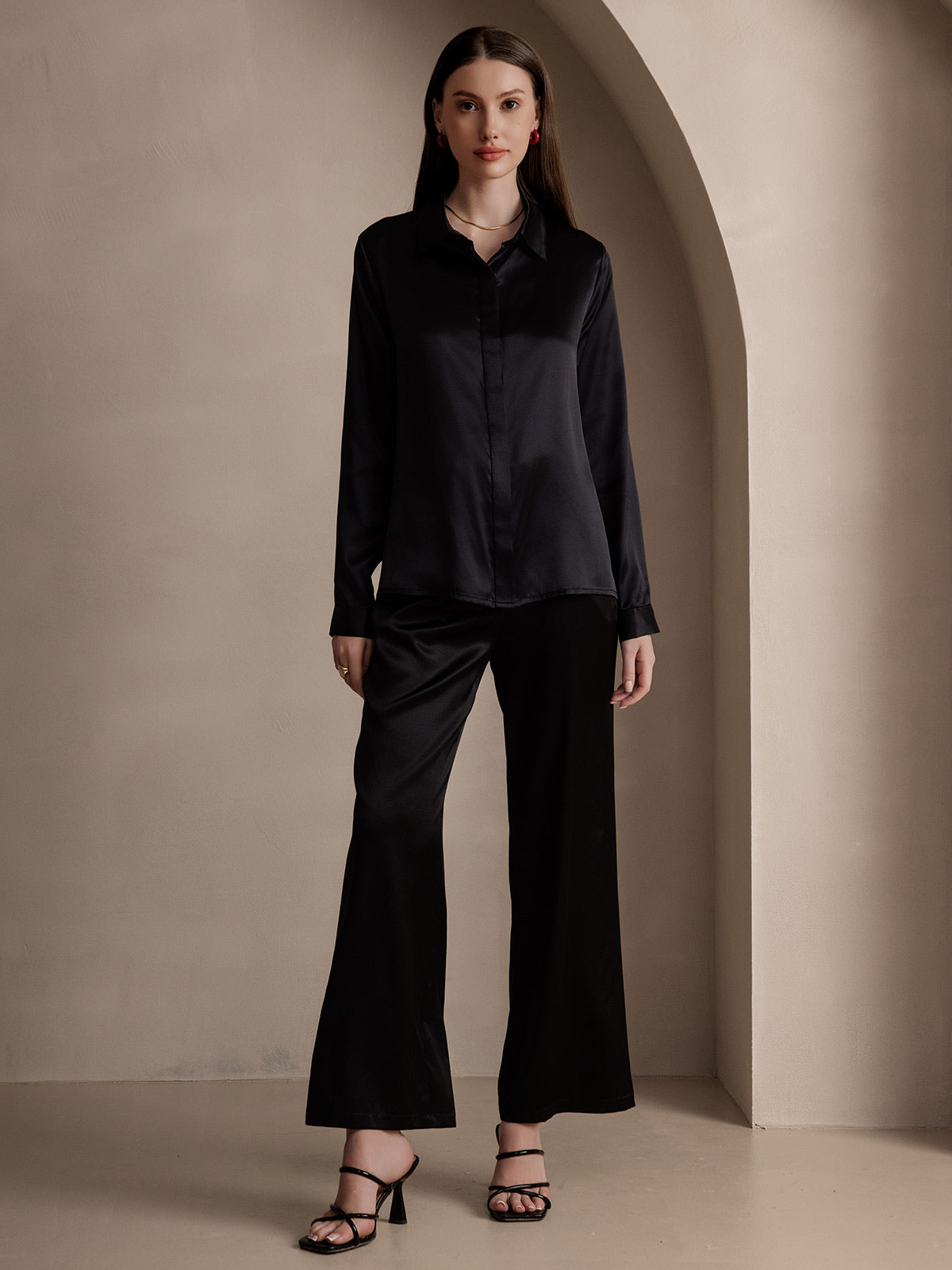 [Negro] SilkSilky-ES 19Momme Seda Lapel Collar Blusas de Mujer 006