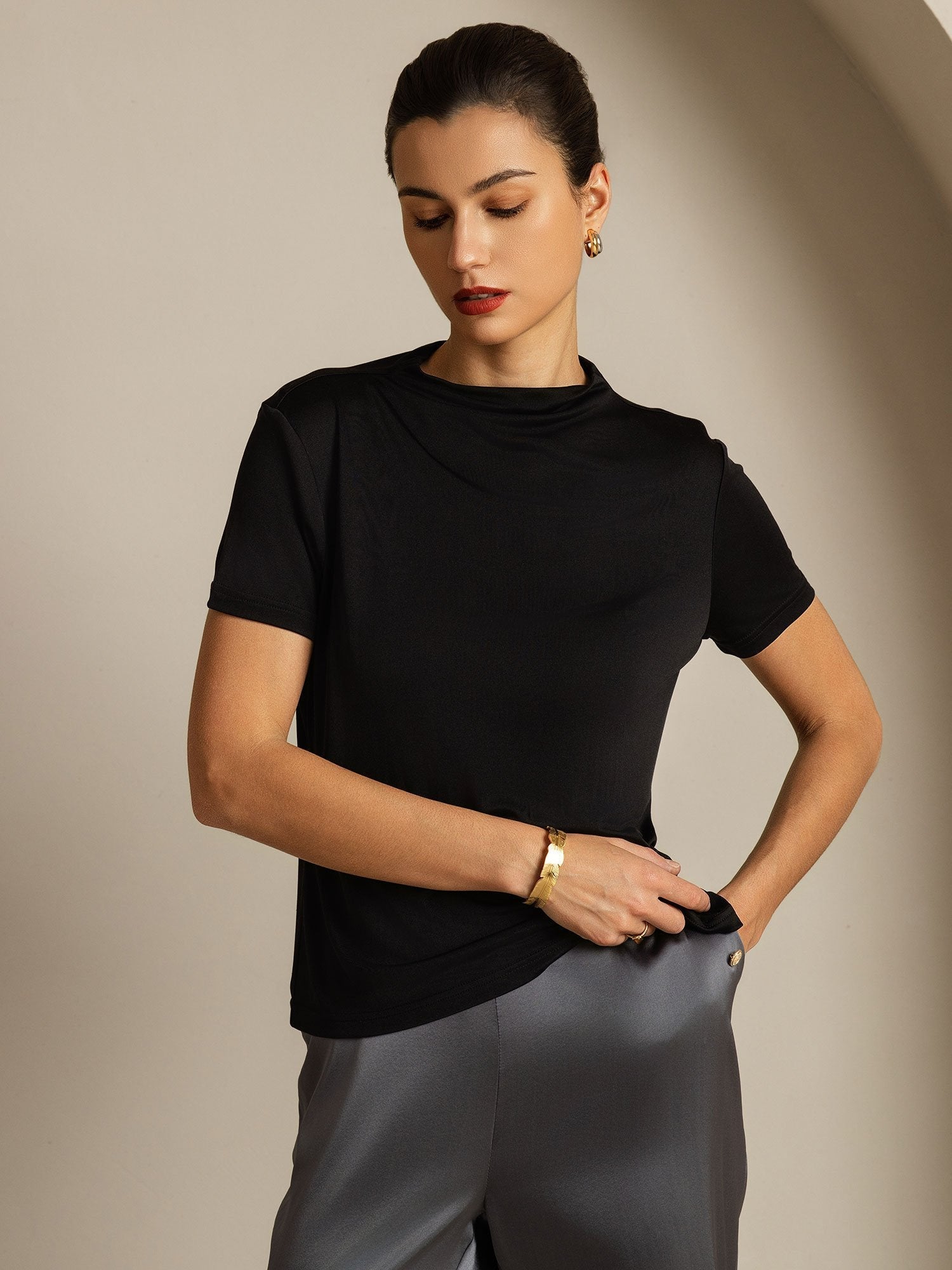 [Negro] SilkSilky-ES Seda Pura Cuello Camisero Camisetas de Mujer 006