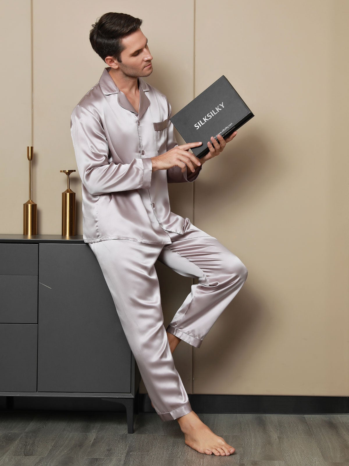 [Malva Pálido] SilkSilky-ES 19Momme Seda Pura Mens Pajamas 003