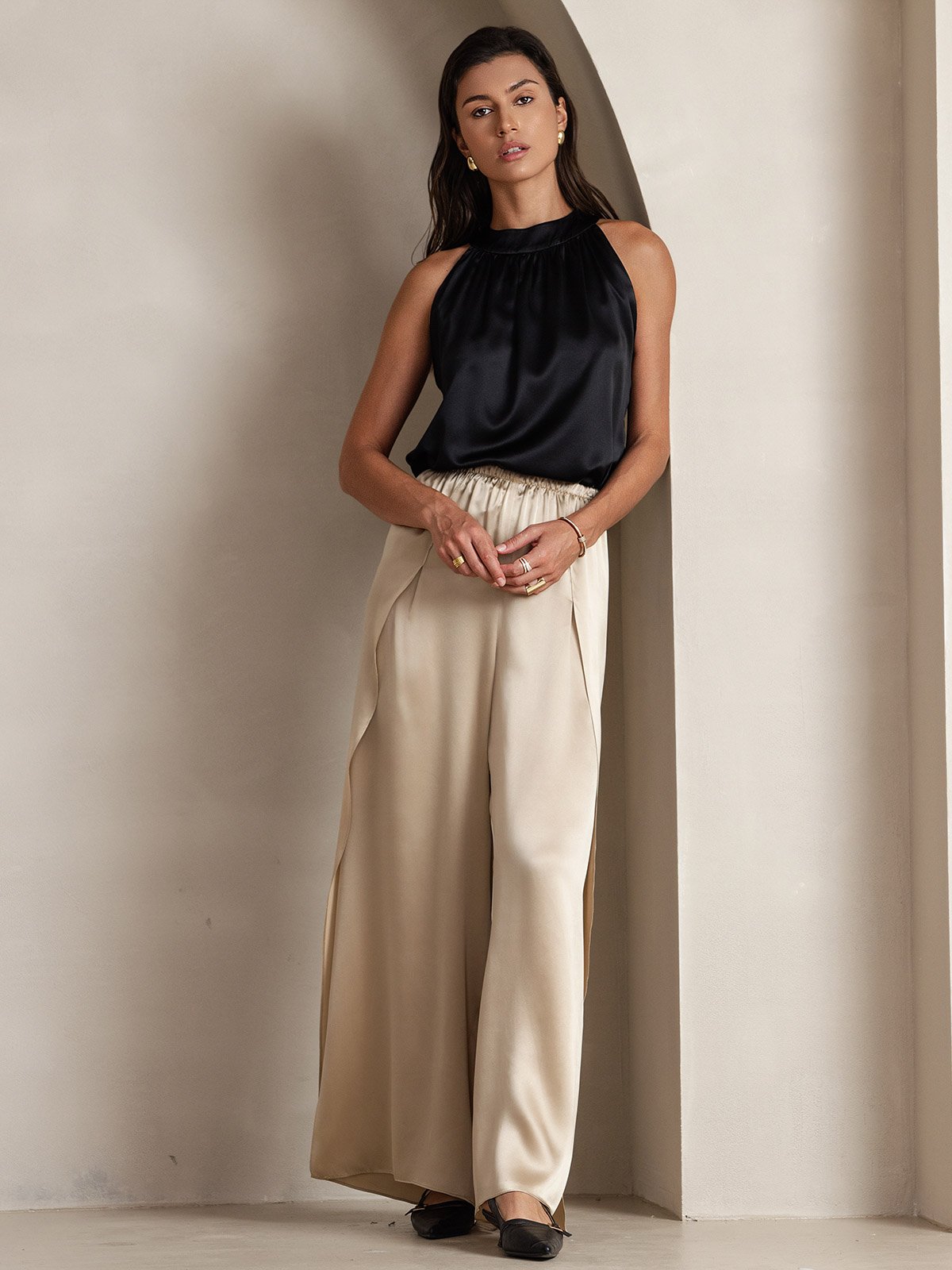 [Negro] SilkSilky-ES 19Momme Seda Sin mangas Womens T-Shirt 004