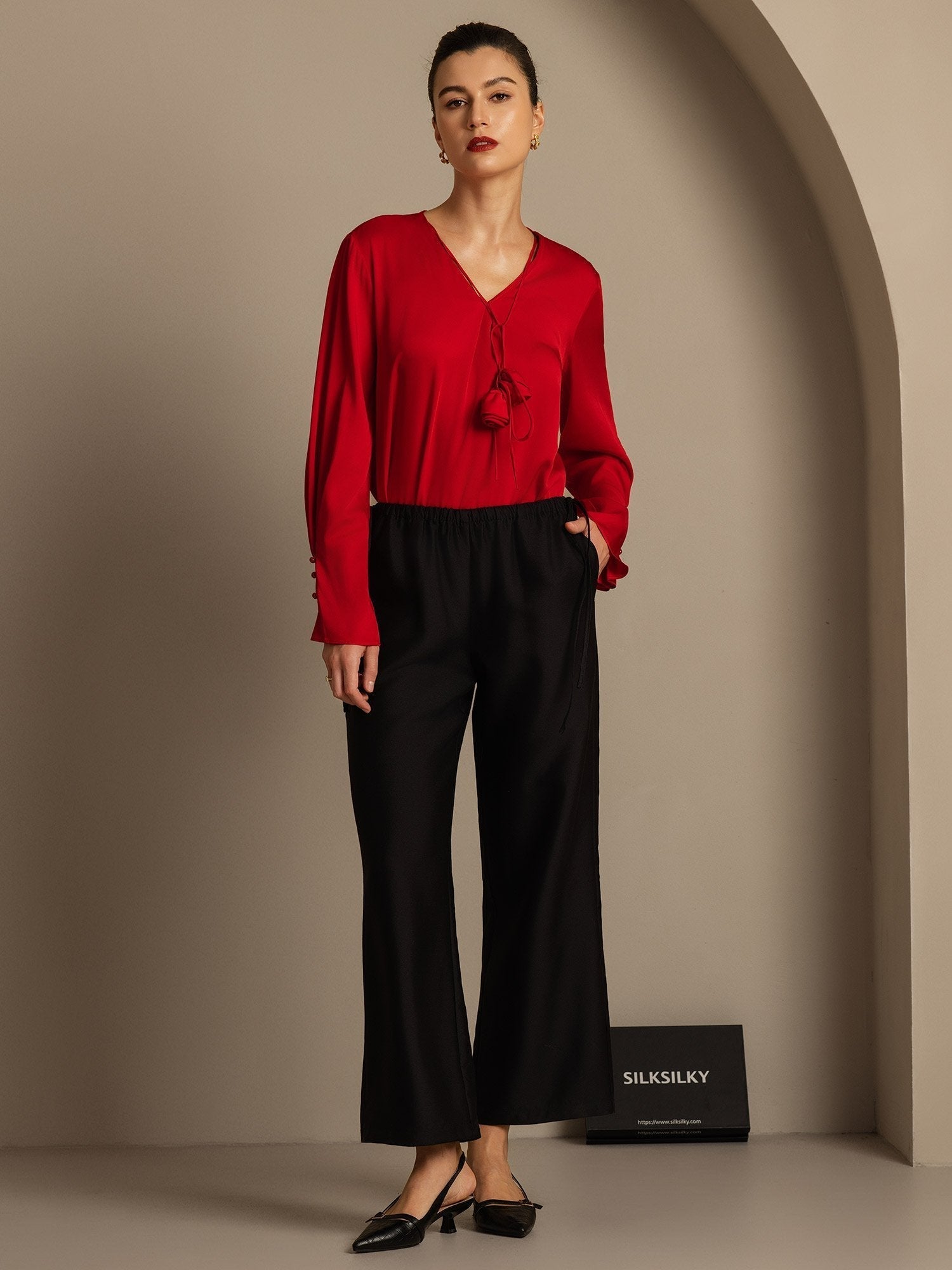 [Negro] SilkSilky-ES 32Momme Silk-Wool Blend Womens Pants 007,