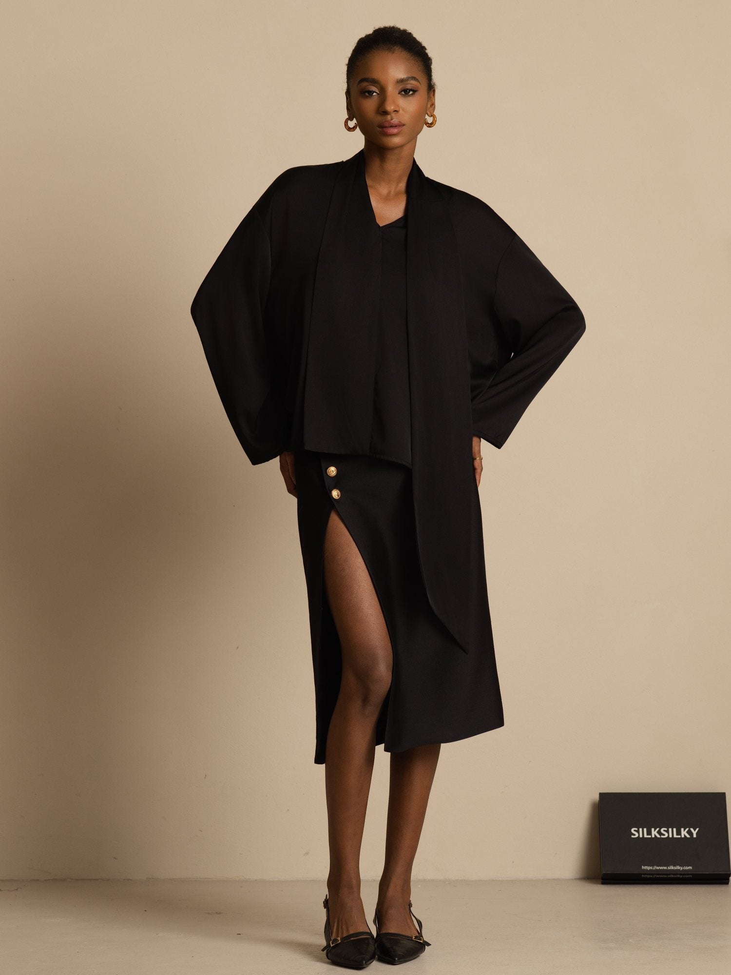 [Negro] SilkSilky-ES 19Momme Seda Manga larga Cuello en V Blusa 007