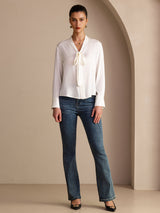 [Blanco] SilkSilky-ES Long Sleeve Tie Neck Blusas 007