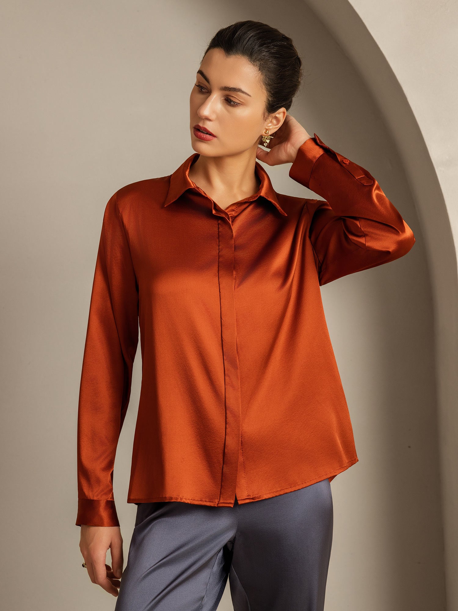 [Caramelo] SilkSilky-ES 19Momme Seda Cuello Camisero Blusas de Mujer 004