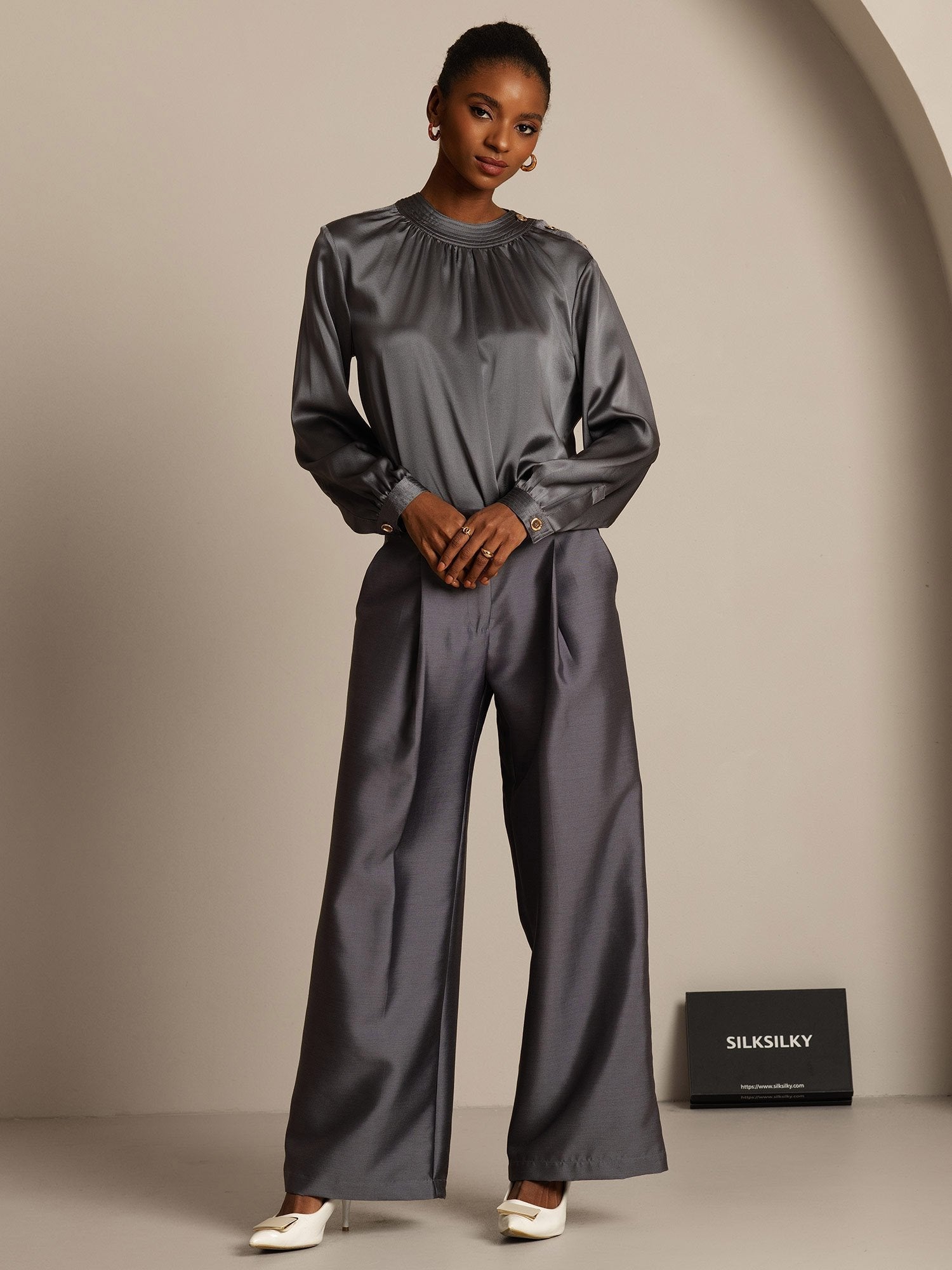 [Gris] SilkSilky-ES 32Momme Silk-Wool Blend Womens Pants 006,