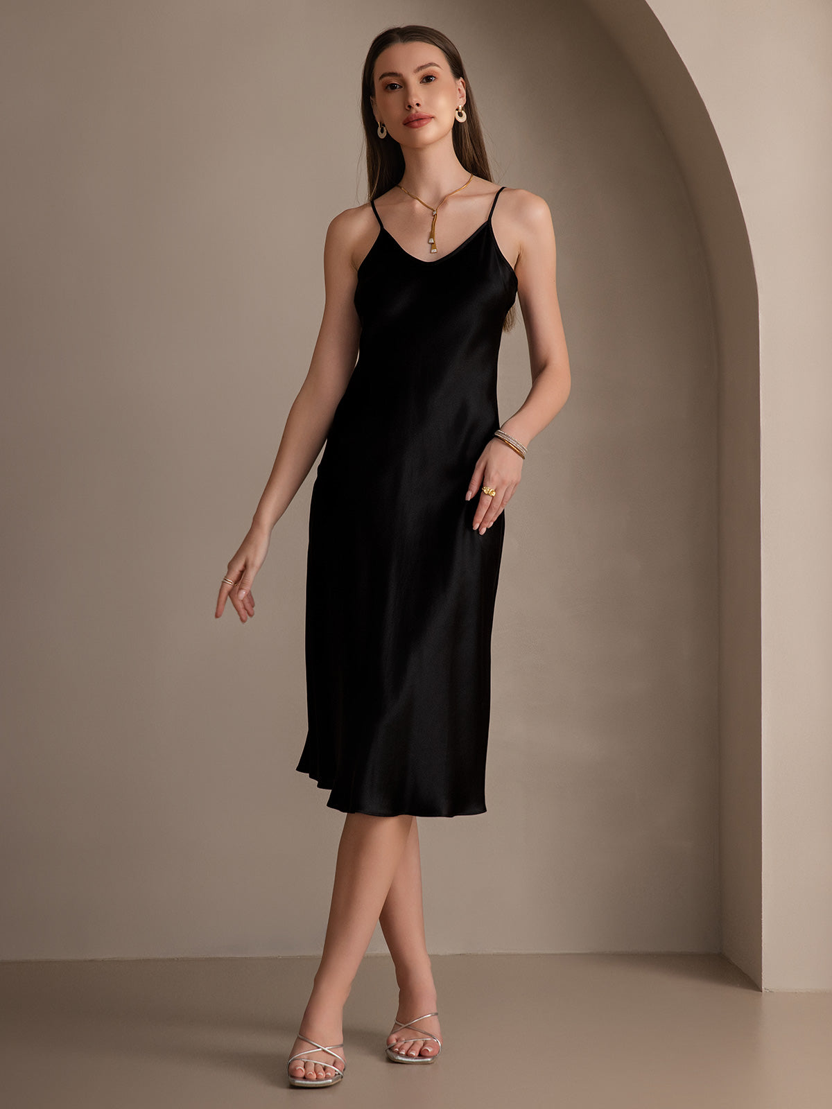 [Negro] SilkSilky-ES Seda Pura Cuello en V profundo Vestido 008