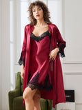 SilkSilky ES Seda Pura Manga francesa Nightgown&Robe Set RojoOscuro 005