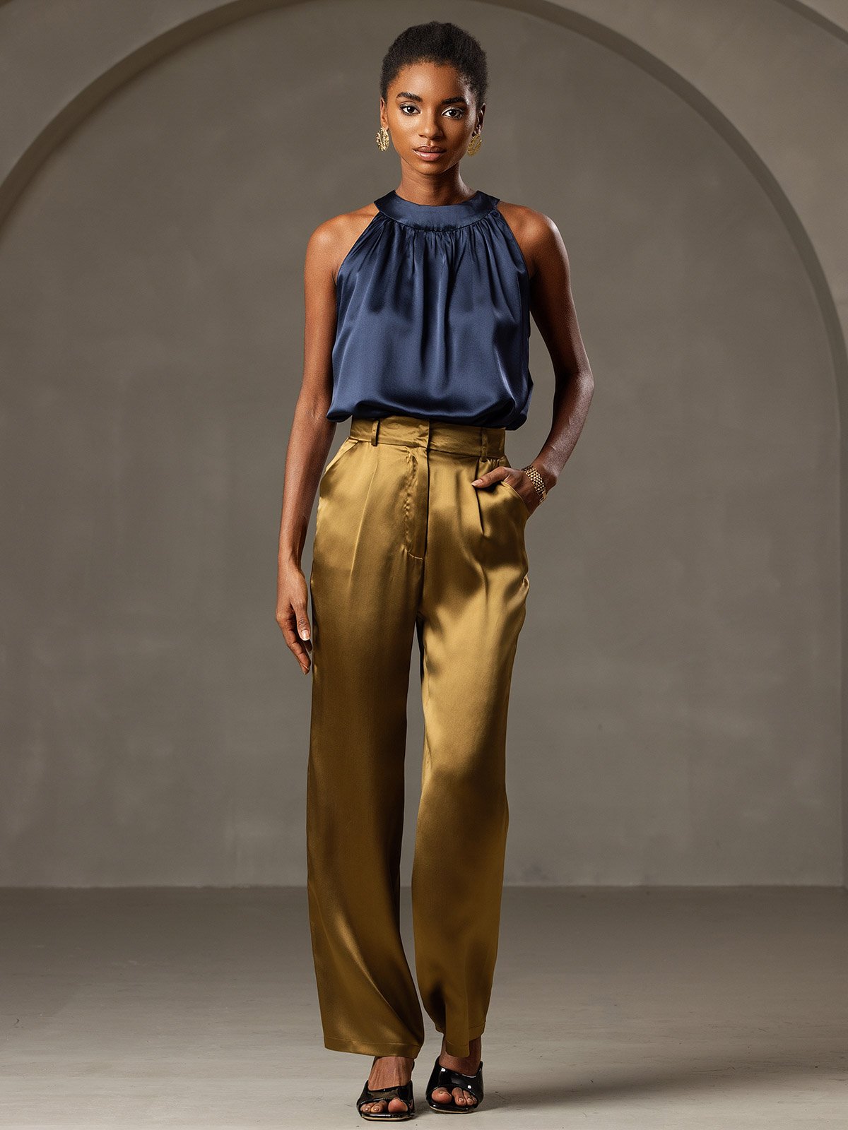 [Azul Oscuro] SilkSilky-ES 19Momme Seda Sin mangas Womens T-Shirt 007