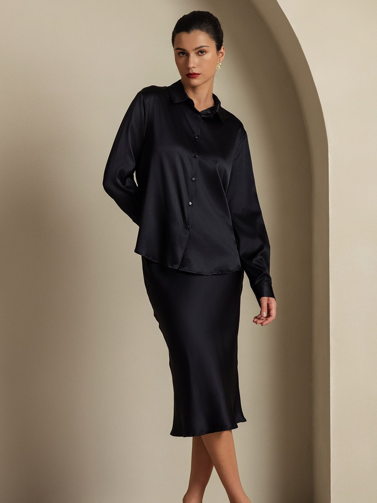 [Negro] SilkSilky-ES 19Momme Seda Cuello Camisero Women''s Outfit Sets 005,