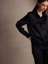 [Negro] SilkSilky-ES 19Momme Manga larga Cuello con Solapa Blusas de Mujer 005