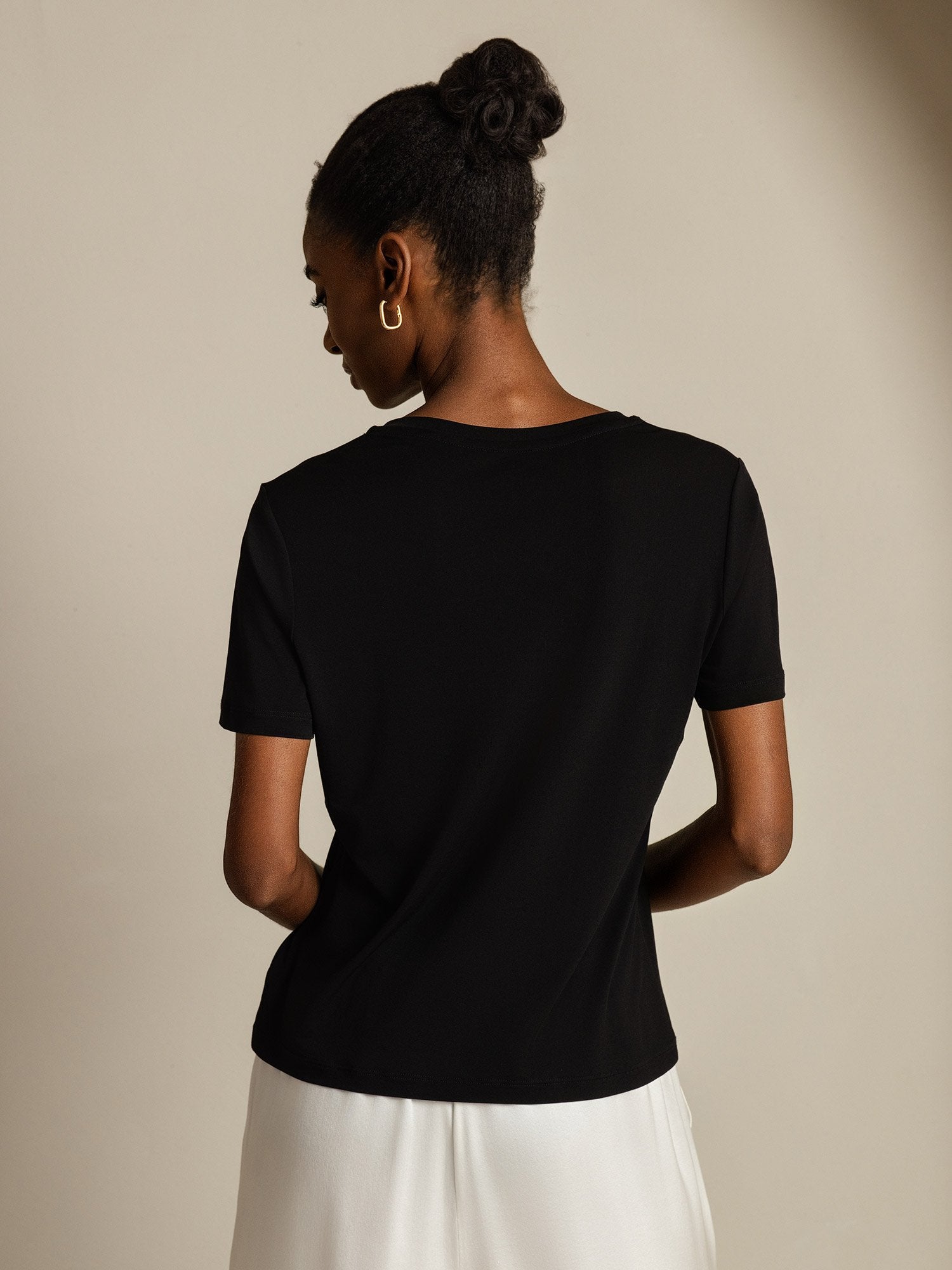 [Negro] SilkSilky-ES Seda Pura Cuello en V Camisetas de Mujer 002