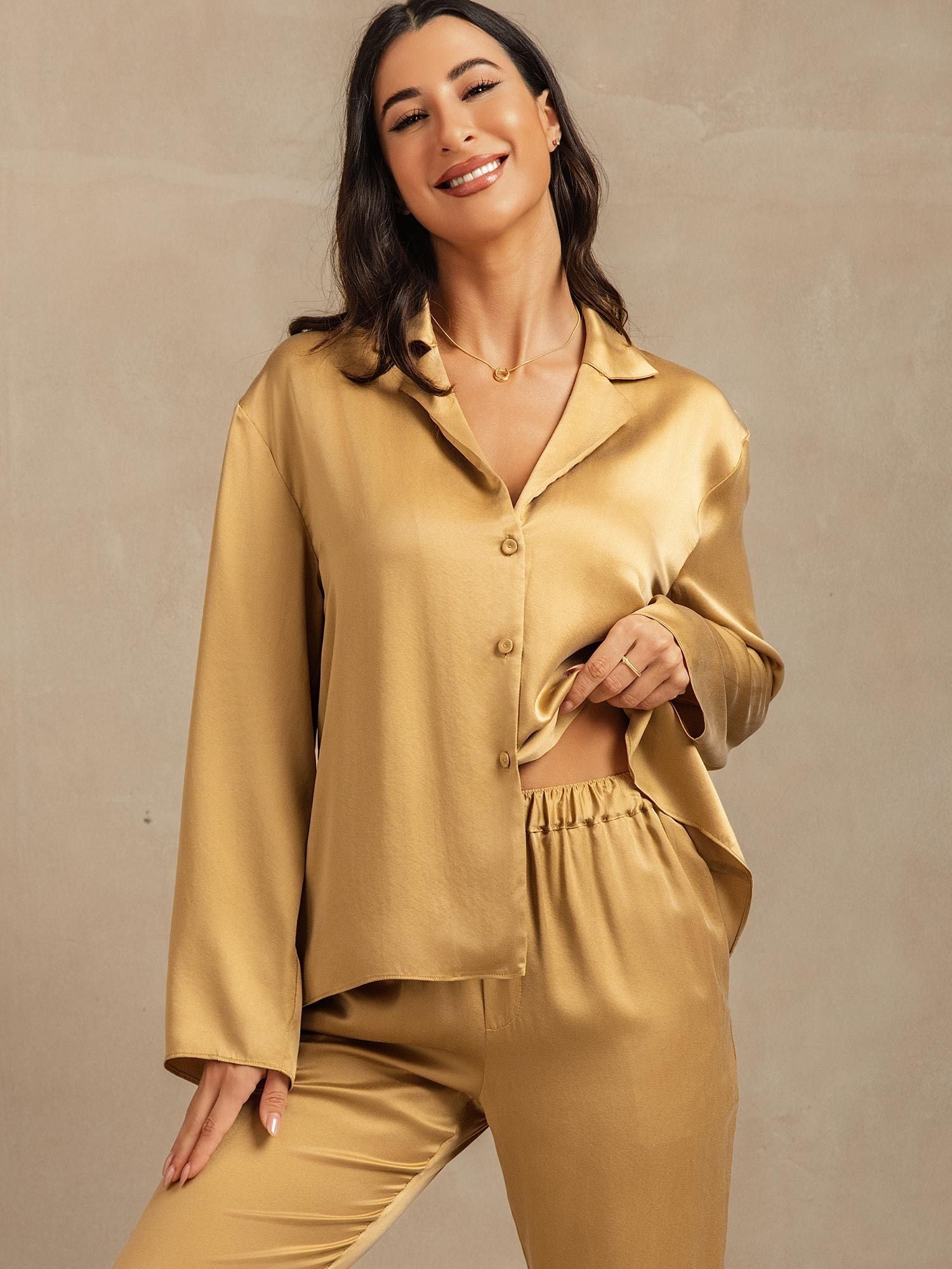 [MarrónClaro] SilkSilky-ES 19Momme Seda Escote V Pijamas de mujer 007