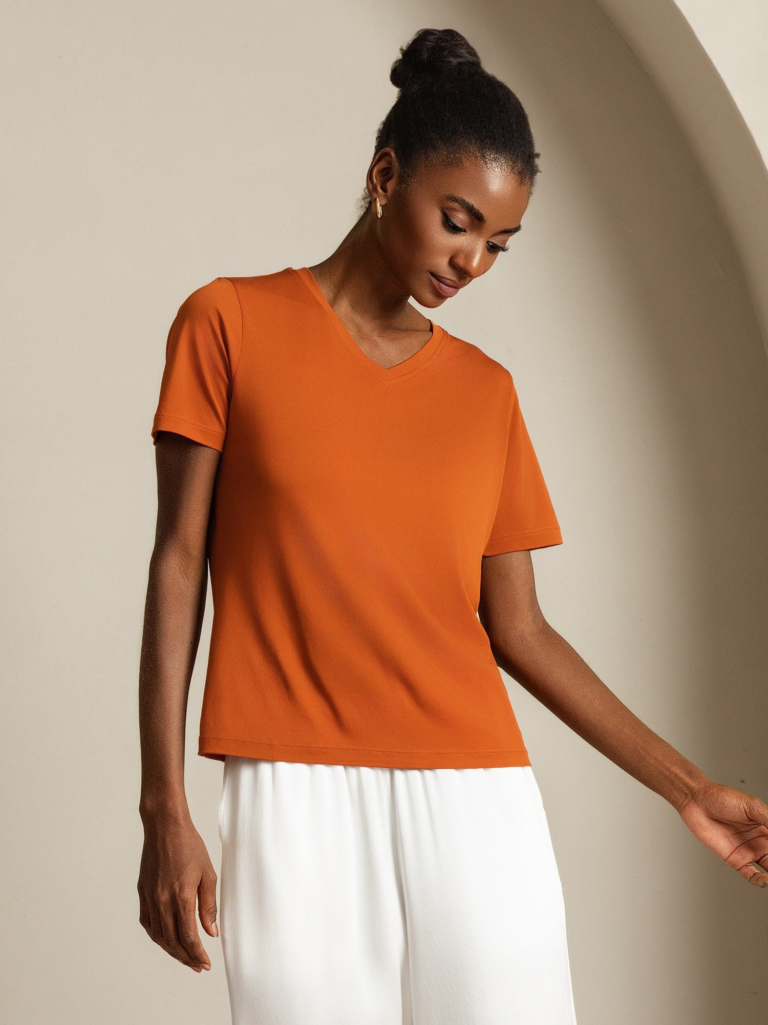 [Naranja] SilkSilky-ES Seda Pura Cuello en V Camisetas de Mujer 003