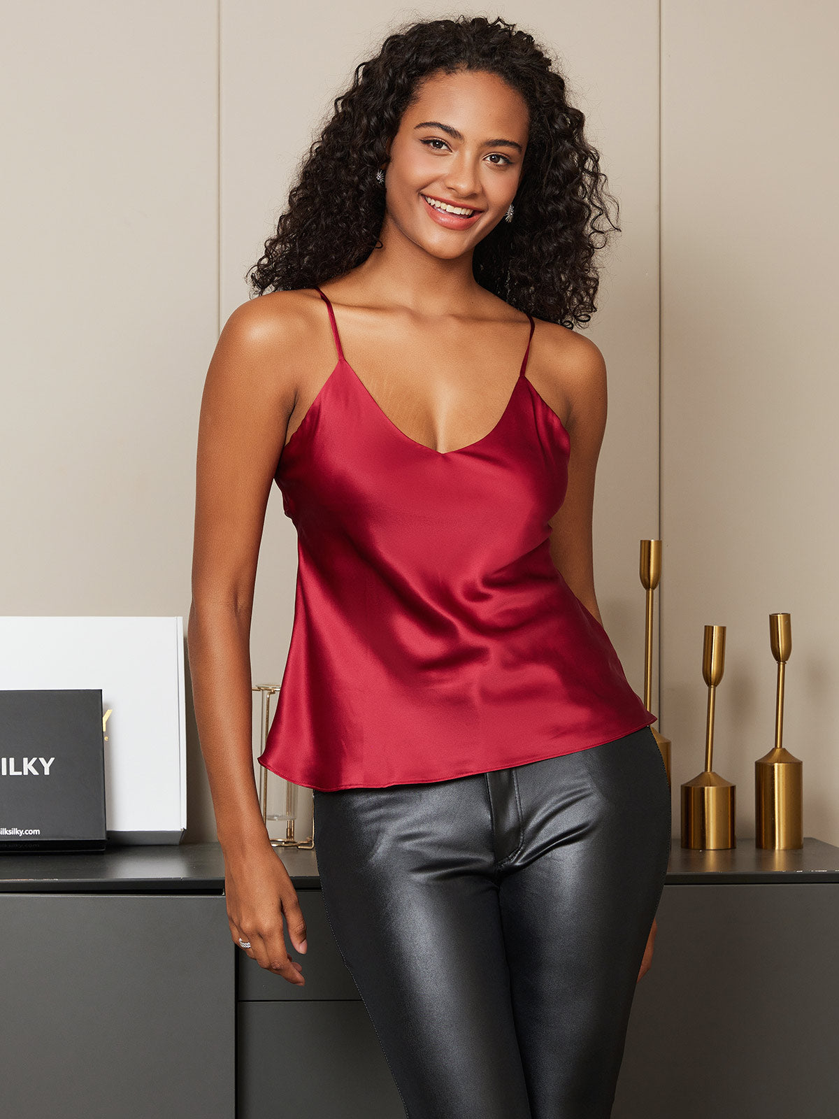 [Rojo Oscuro] SilkSilky-ES Seda Pura Sin mangas Cuello en V Top de tirantes 005