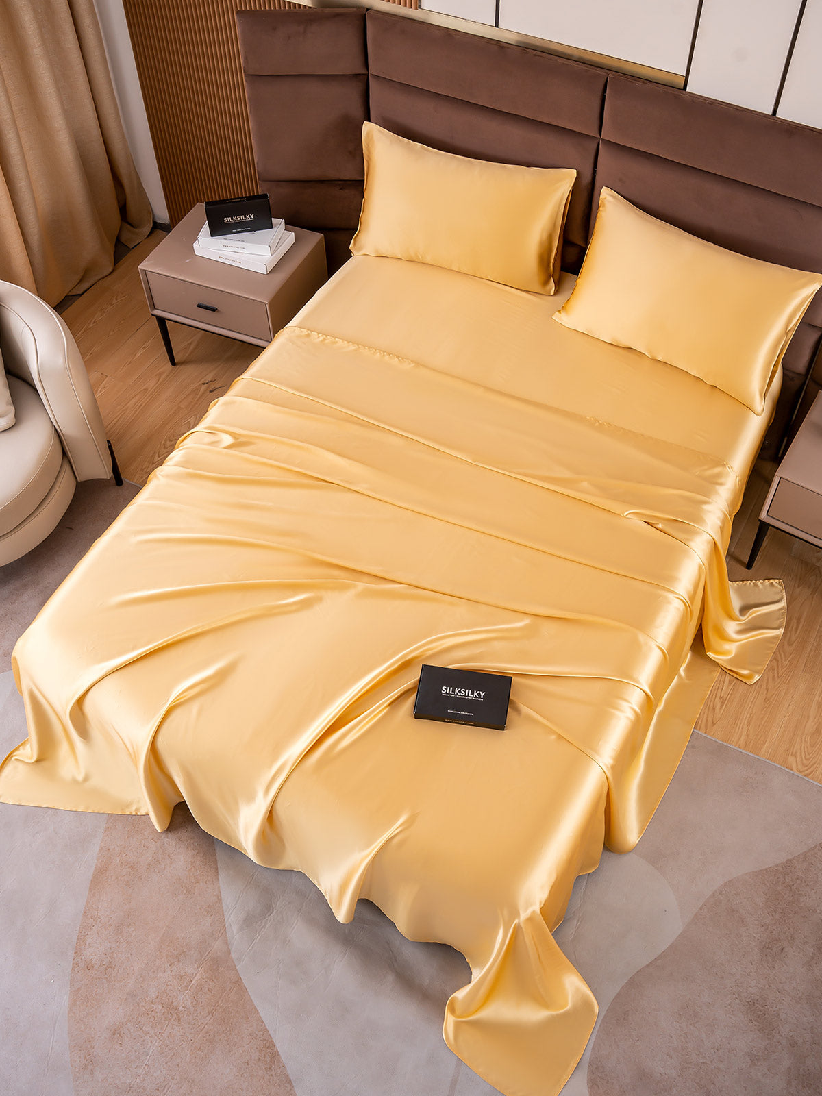 SilkSilky ES 19Momme Seda Pura Bedding Set Champán 003