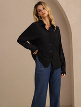 [Negro] SilkSilky-ES Long Sleeve Lapel Collar Blusas de Mujer 004