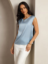 [Azul Grisáceo] SilkSilky-ES Cap Sleeve Round Neck Camisetas de Mujer 004