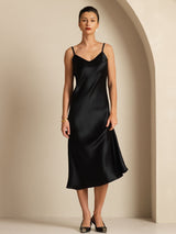 [Negro] SilkSilky-ES Spaghetti Strap V Neck Vestido 004