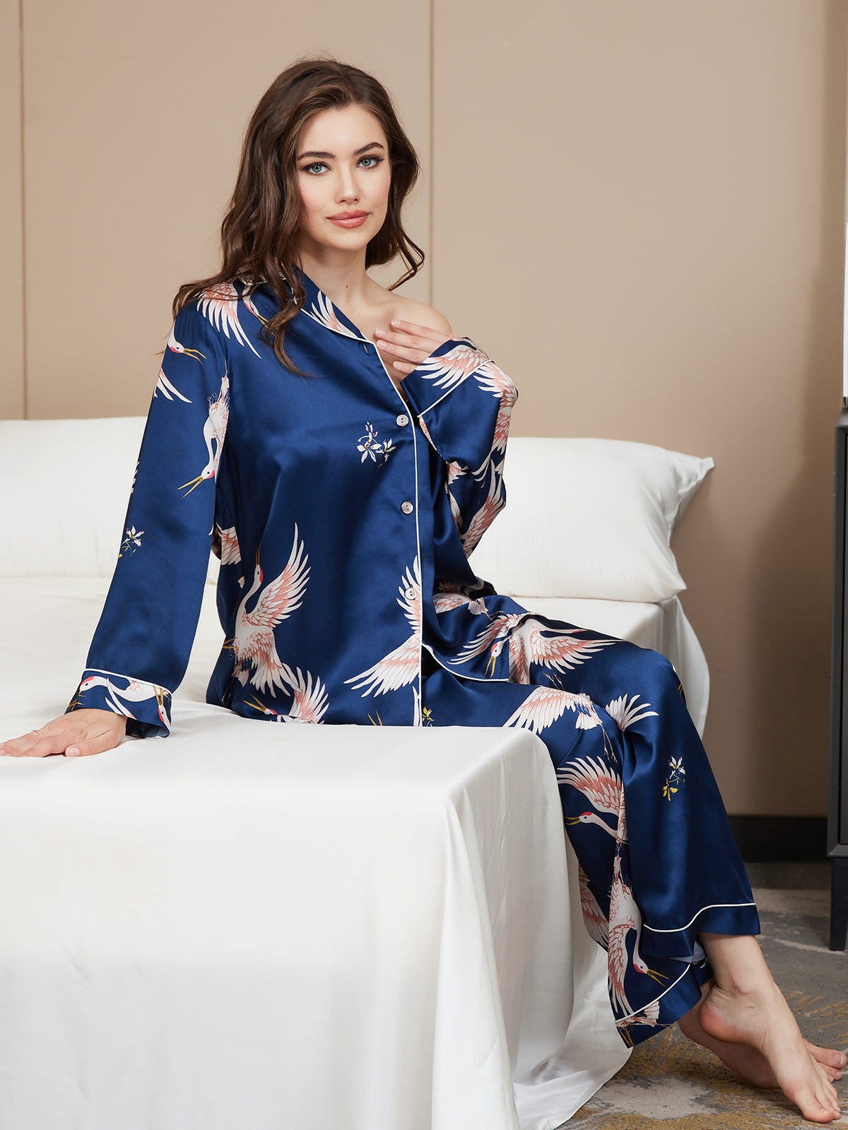 [Azul Oscuro] SilkSilky-ES 19Momme Seda Pura Womens Pajamas 006,