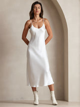 [Blanco] SilkSilky-ES Spaghetti Strap V Neck Vestido 003