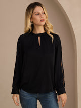 [Negro] SilkSilky-ES Long Sleeve Keyhole Neck Blusas 003