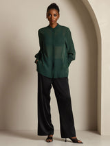 [Verde Oscuro] SilkSilky-ES Seda Pura Womens Shirt 009