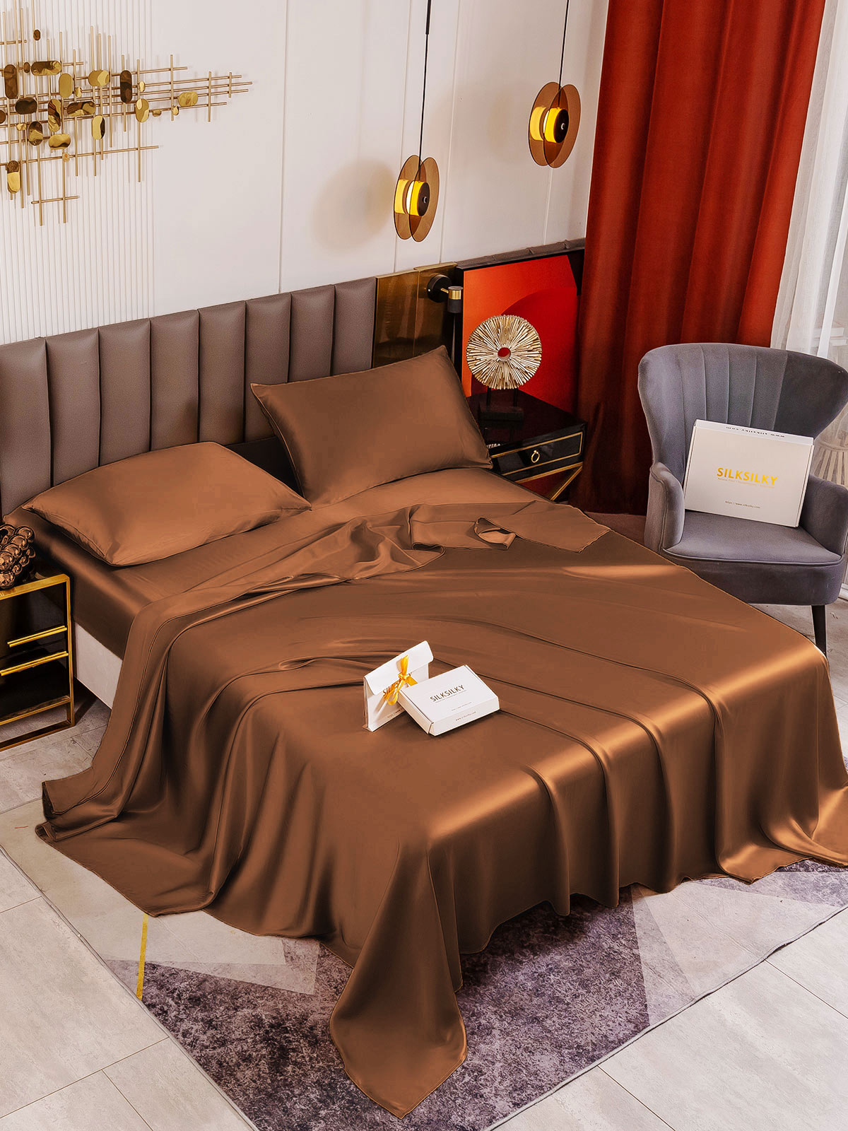 SilkSilky ES 19Momme Seda Pura Bedding Set Café 001