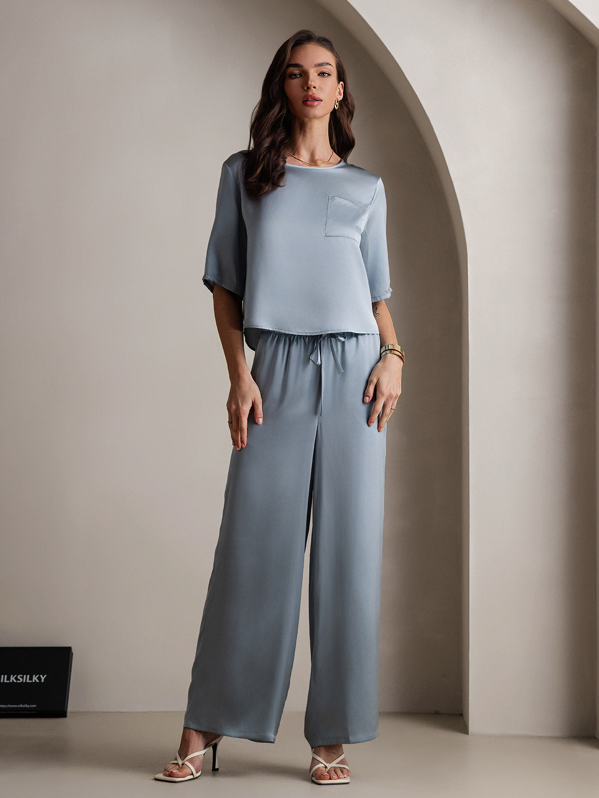 [Azul Grisáceo] SilkSilky-ES Seda Pura Womens Pajamas 003