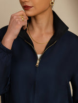 [Negro+AzulOscuro] SilkSilky-ES 18Momme Manga larga Cuello Alto Chaqueta de mujer 006