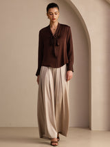 [Chocolate Negro] SilkSilky-ES Long Sleeve Tie Neck Blusas 005