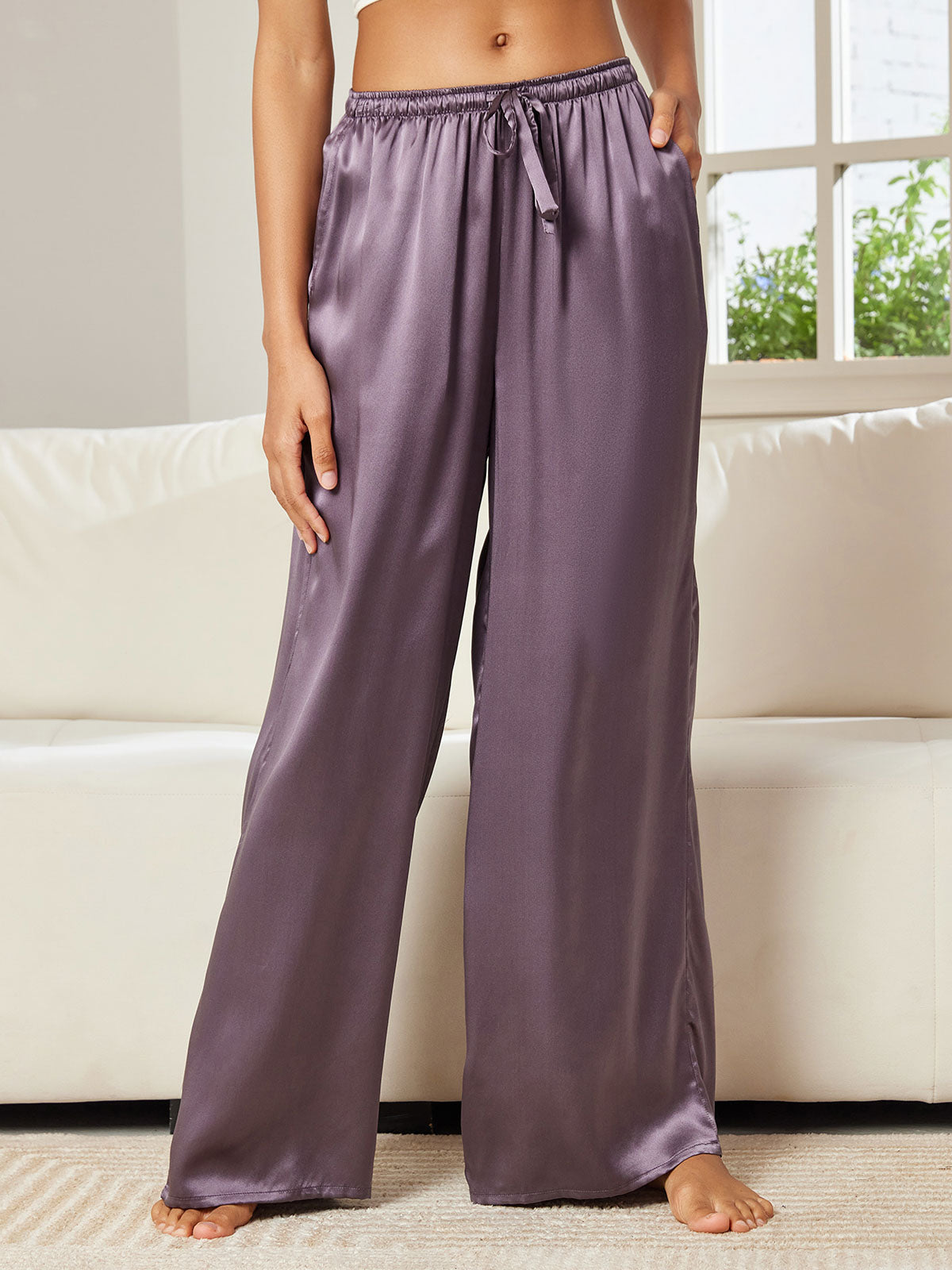 [Gris Púrpura] SilkSilky-ES Seda Pura Womens Pants 001