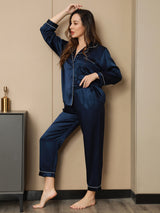 [Azul Oscuro] SilkSilky-ES Long Sleeve Lapel Collar Pijamas de mujer 006